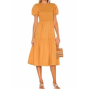S/W/F Midi Dress Orange Cotton Smocked Bust Puff Sleeve size Medium
